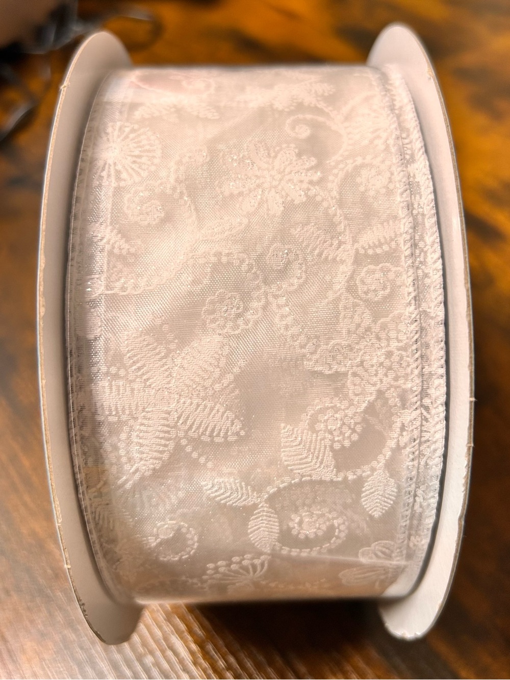 Kirkland Signature White Floral Jacquard Wire-Edged Ribbon 50yd, 2.5 inches